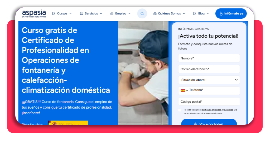 Formulario de solicitud telemático para curso de fontanería gratis
