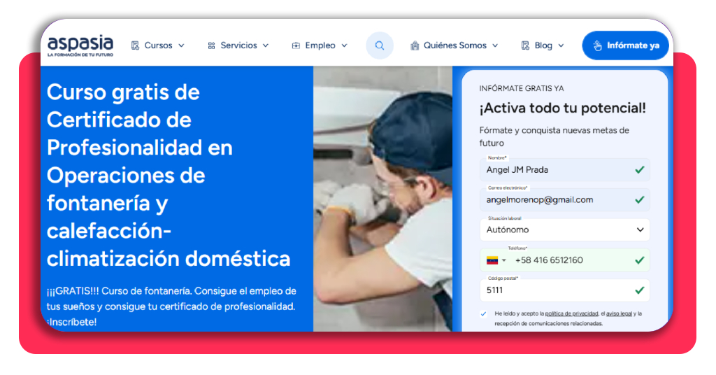 Datos de identidad para la matriculación del curso de fontanería