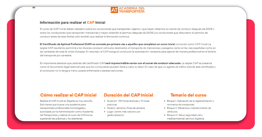 Captura de pantalla información del curso CAP Inicial