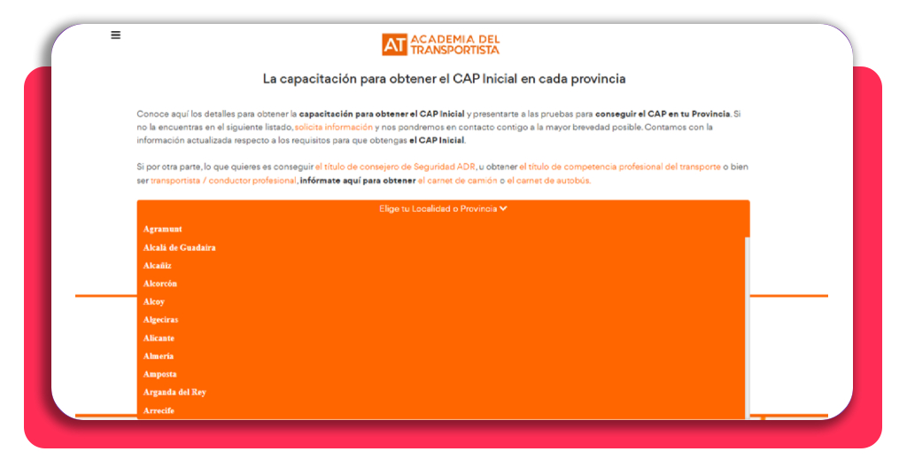 Captura de pantalla selección de localidad o provincia en el formulario