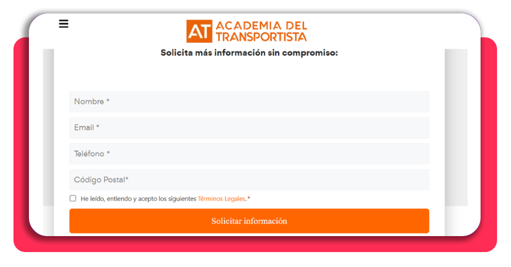 Captura de pantalla formulario de solicitud de información del curso CAP