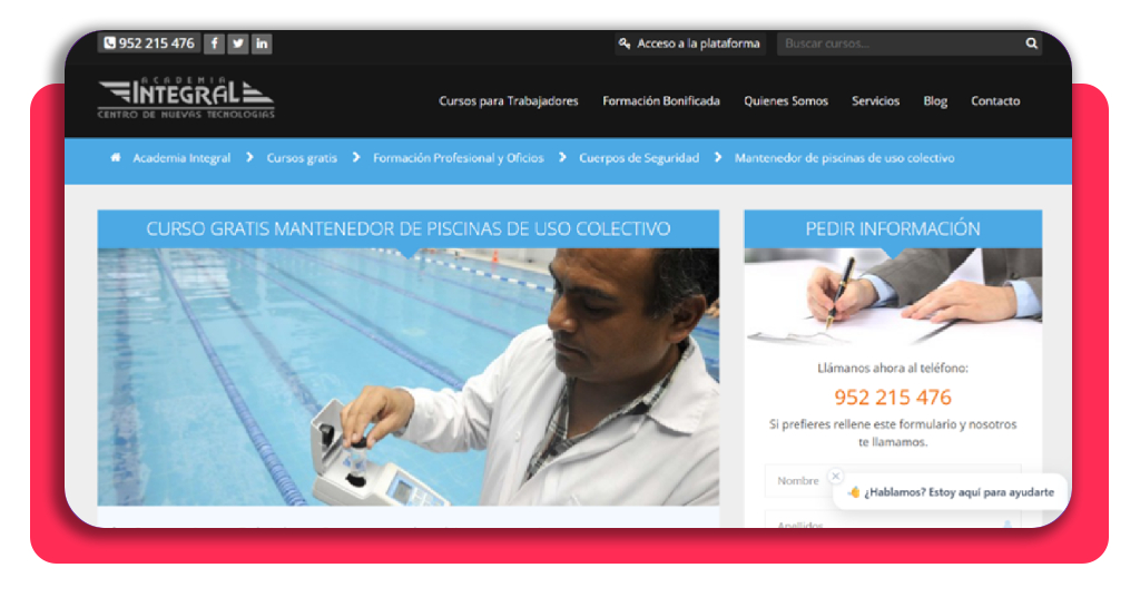 Ficha del curso de mantenedor de piscinas en Academia Integral