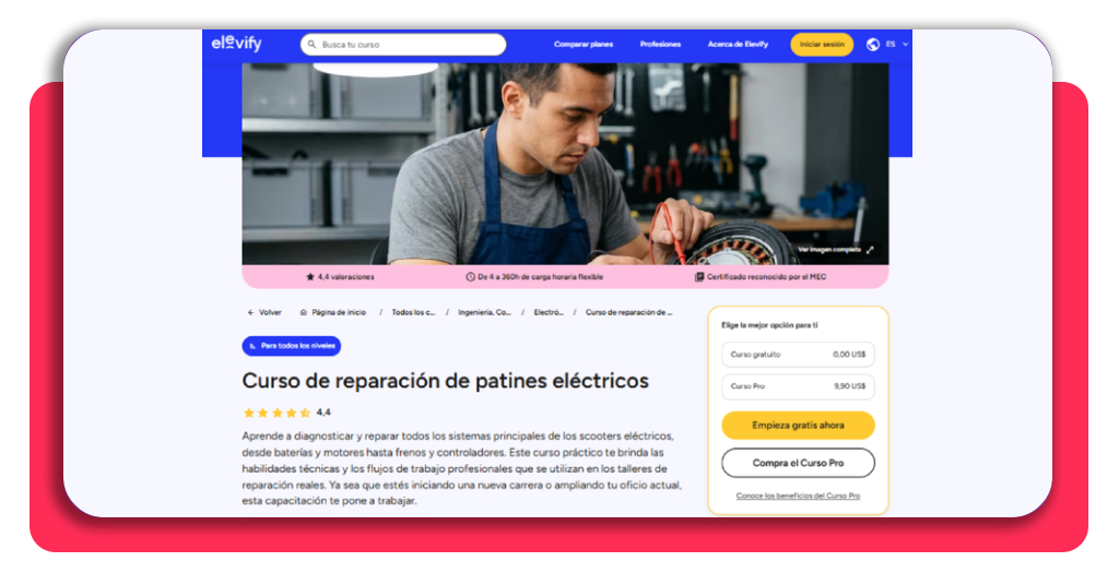 Página del curso de reparación de patines eléctricos en Elevify