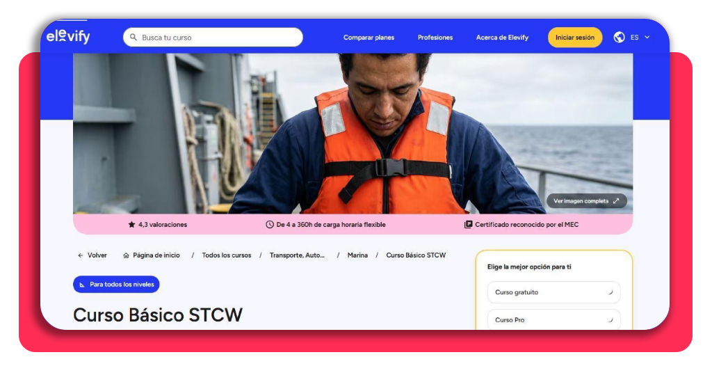 Página del curso STCW en la plataforma Elevify