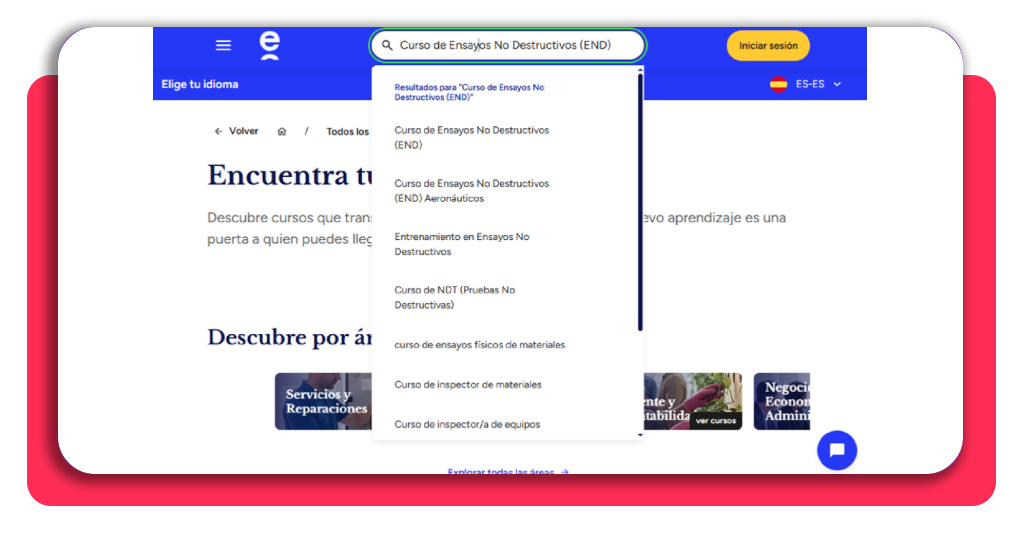 Búsqueda del curso de Ensayos No Destructivos en la plataforma Elevify