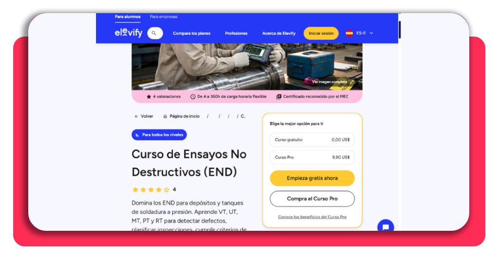 Botón Empieza gratis ahora en el curso técnico END de Elevify