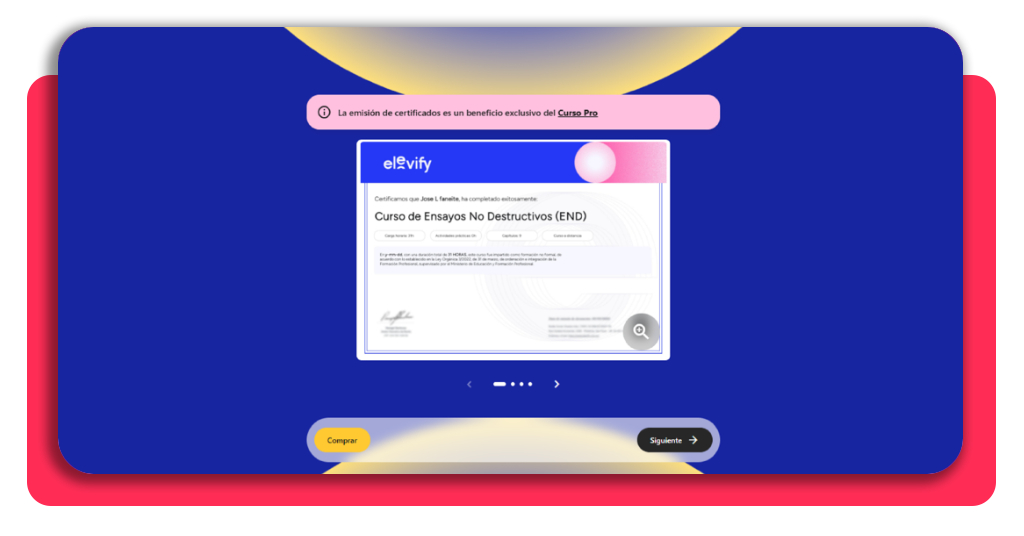 Vista previa del certificado del curso técnico END en Elevify