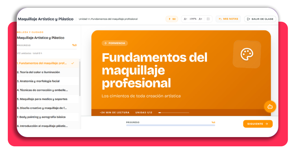 Aula virtual del curso de maquillaje y caracterización