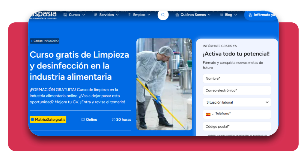 Formulario de inscripción del curso de higiene alimentaria en la web de Grupo Aspasia