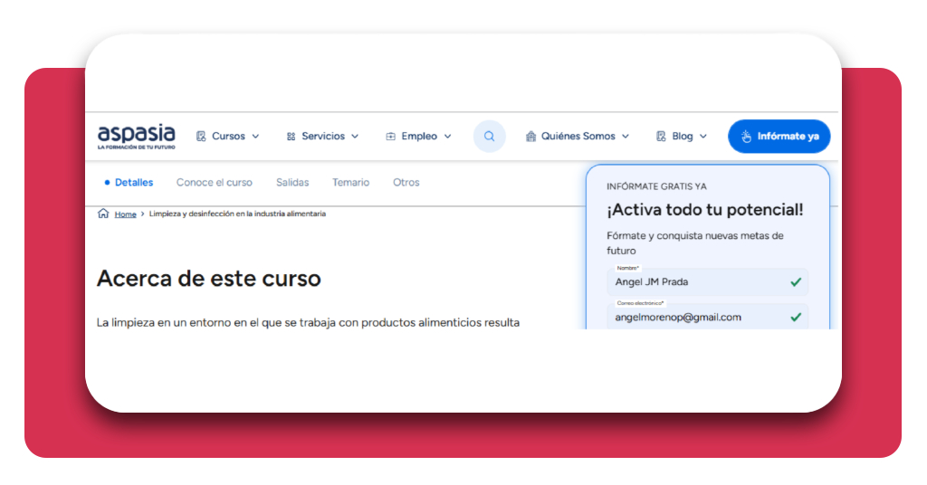 Campos obligatorios del formulario de inscripción al curso de higiene alimentaria