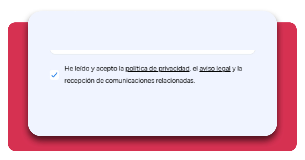 Casillas de aceptación de la política de privacidad en el formulario de inscripción