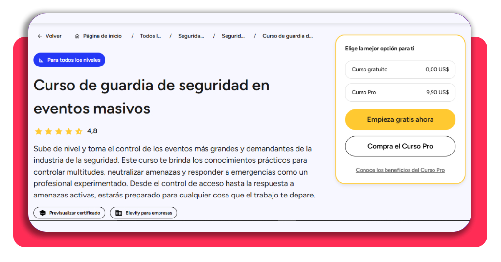 Elegir plan gratuito o Pro en el curso de guardia de seguridad