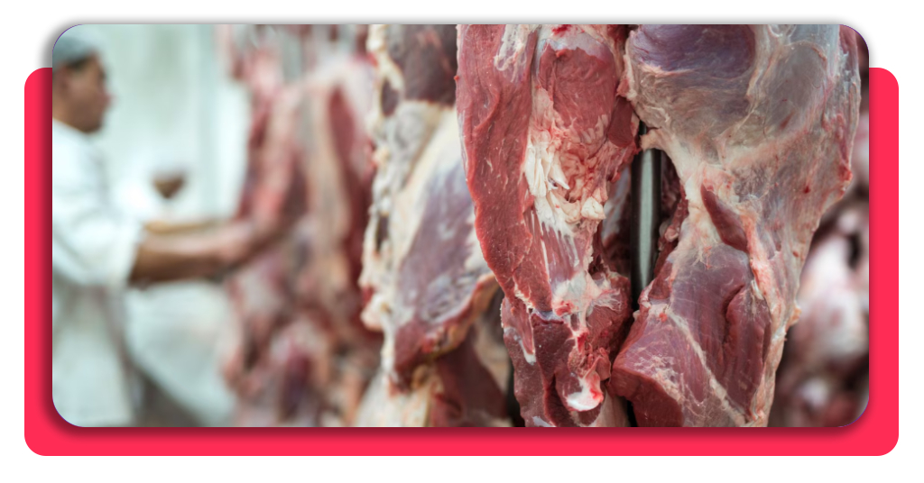 Curso de carnicería gratis: consigue tu certificado y empleo 3 Una vista detallada de cortes de carne de alta calidad suspendidos en un entorno profesional de procesamiento de alimentos, mostrando la frescura del producto.