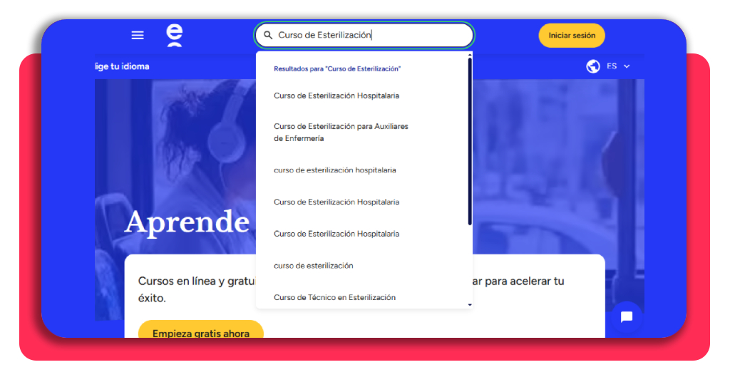 Paso 2 búsqueda del curso de esterilización en la barra de navegación de Elevify