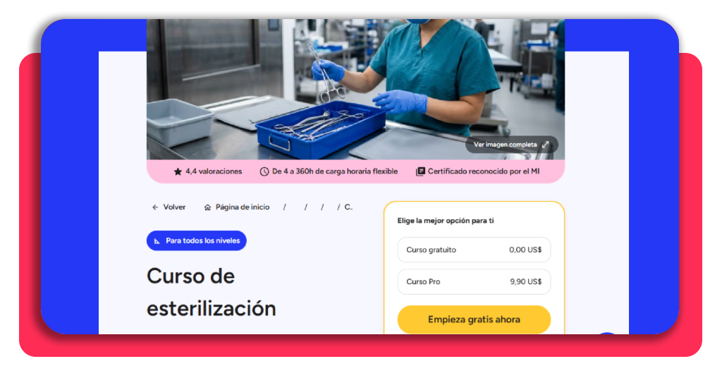 Paso 3 selección de modalidad gratuita en el curso de esterilización de Elevify