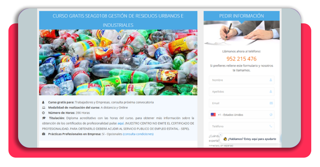 Formulario de solicitud de información del curso de gestión de residuos en Academia Integral
