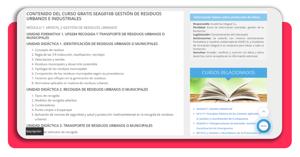 Plan de estudio del curso SEAG0108 con módulos de gestión de residuos