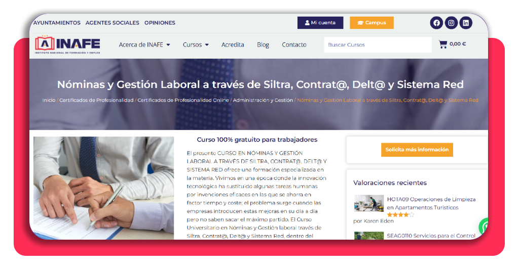 Ficha del curso de nóminas y gestión laboral en el portal de INAFE