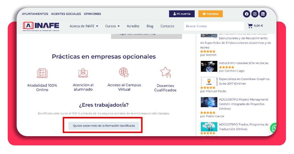 Sección de bonificación en el portal de INAFE para formación de trabajadores