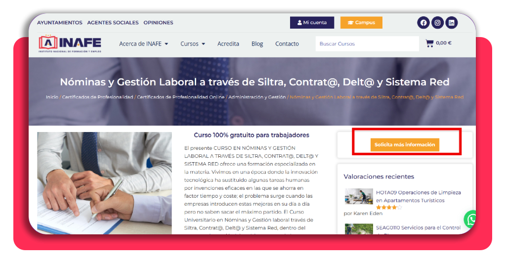 Botón de solicitar información en el lateral derecho del portal INAFE