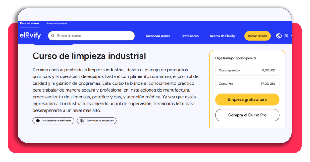 Ficha del curso de limpieza industrial en la plataforma Elevify