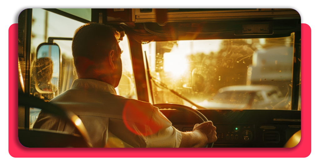 Un chofer de autobús al volante de su vehículo, preparado para seguir su jornada laboral y cumplir con sus expectativas diarias respecto a su profesión.