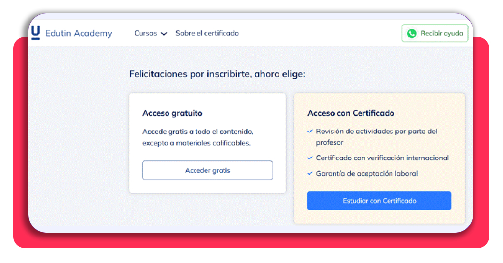 Selección de plan de estudios gratuito o de pago en Edutin
