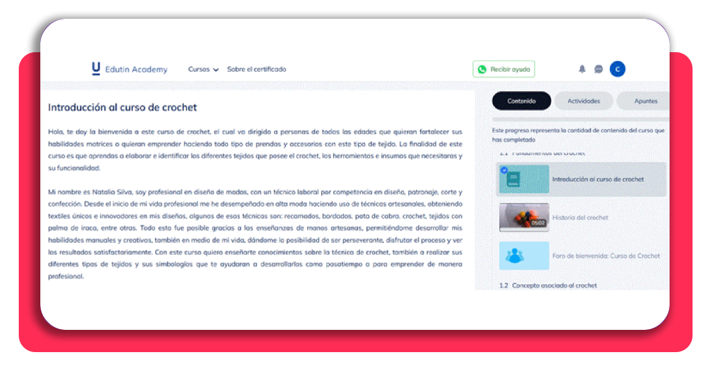 Acceso al curso de crochet desde cero en Edutin Academy