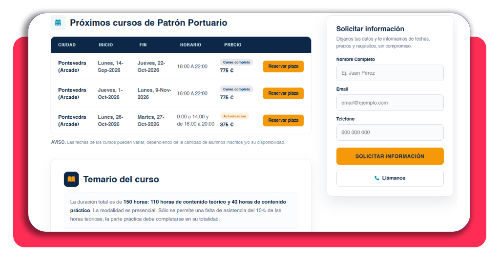 Página web del curso de patrón portuario con el botón reservar plaza
