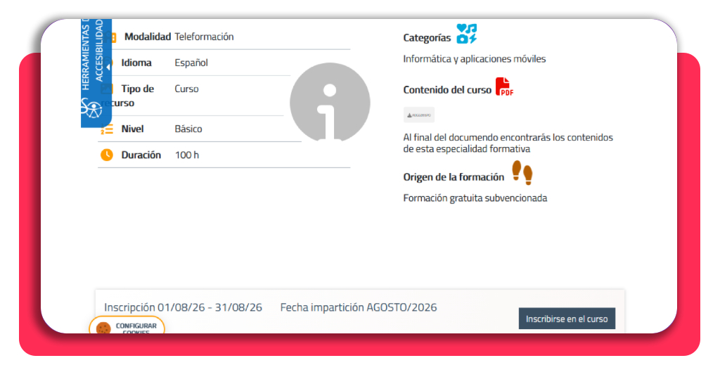 Ficha del curso con botón Inscribirse en el SEPE