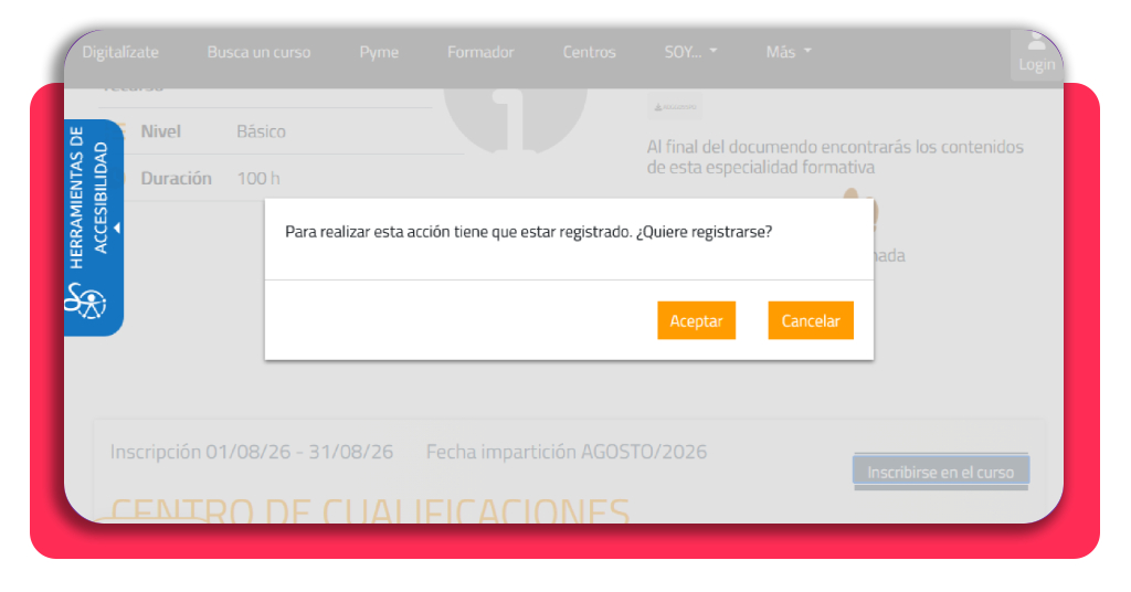 Mensaje emergente de registro previo en la plataforma del SEPE
