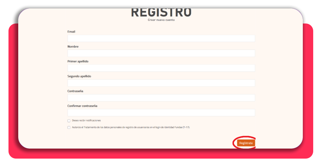 Formulario de registro de nuevo usuario en la plataforma del SEPE