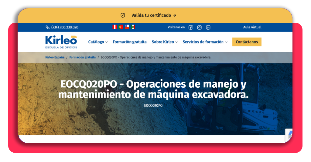 Ficha del curso de retroexcavadora gratis en Kirleo