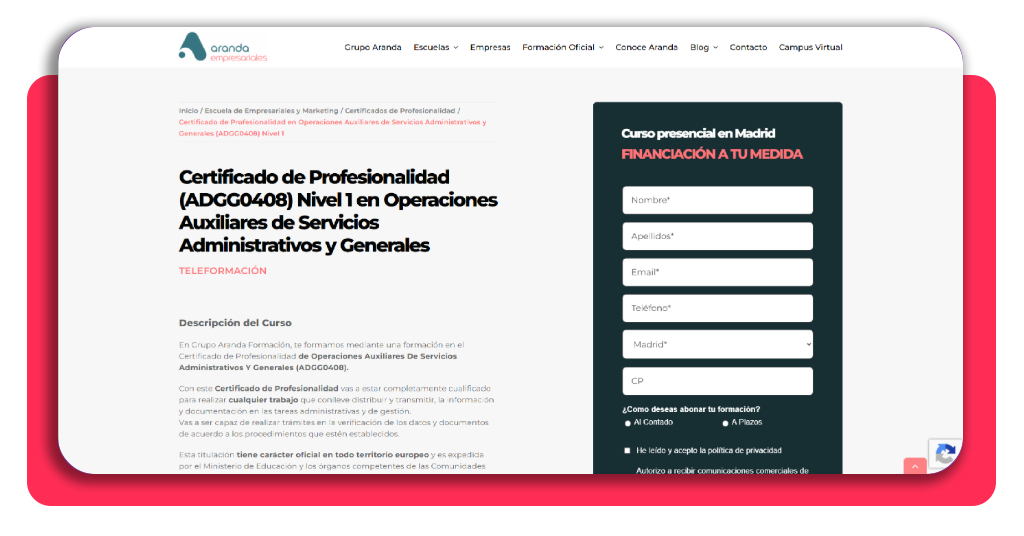 Página del curso de auxiliar administrativo