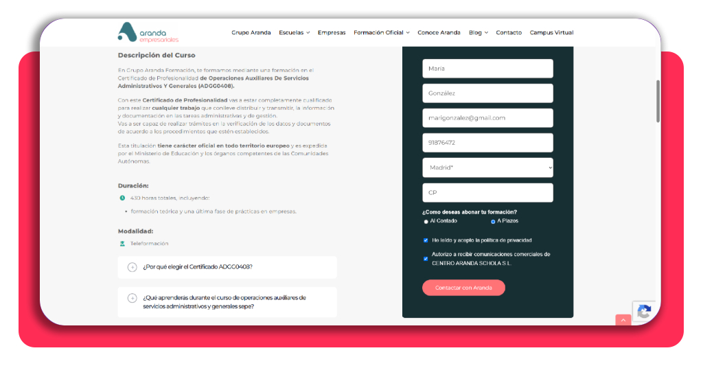 Formulario de inscripción curso auxiliar administrativo
