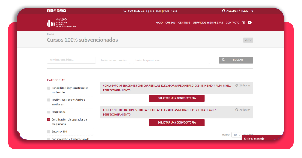 Portal oficial de empleo con listado de cursos subvencionados
