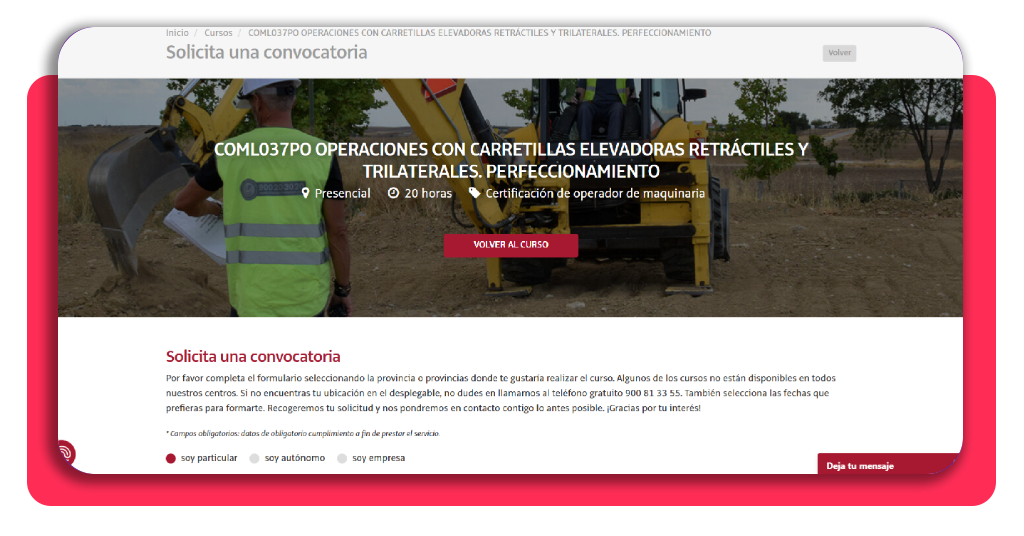 Página de solicitud de convocatoria del curso COML037PO