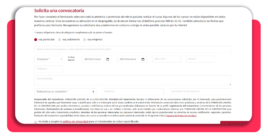 Formulario de solicitud con selección de perfil laboral