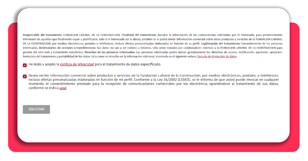 Pantalla de aceptación de términos y envío de solicitud del curso