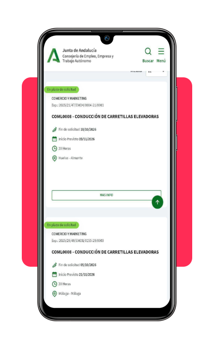 Búsqueda del curso COML0008 en el portal de la Junta de Andalucía