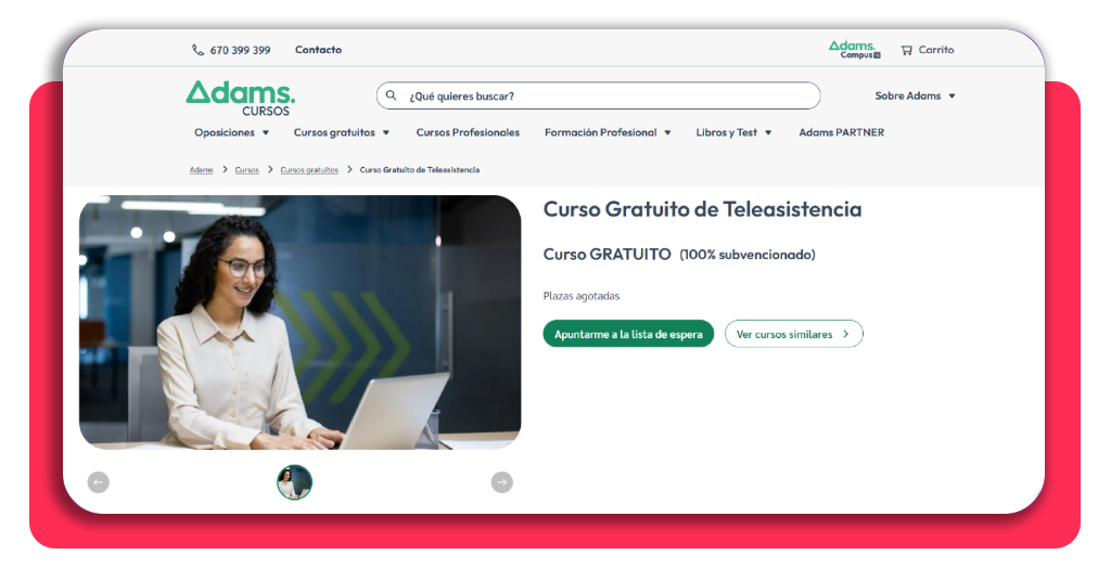 Ficha del curso de teleasistencia en la plataforma de ADAMS Formación