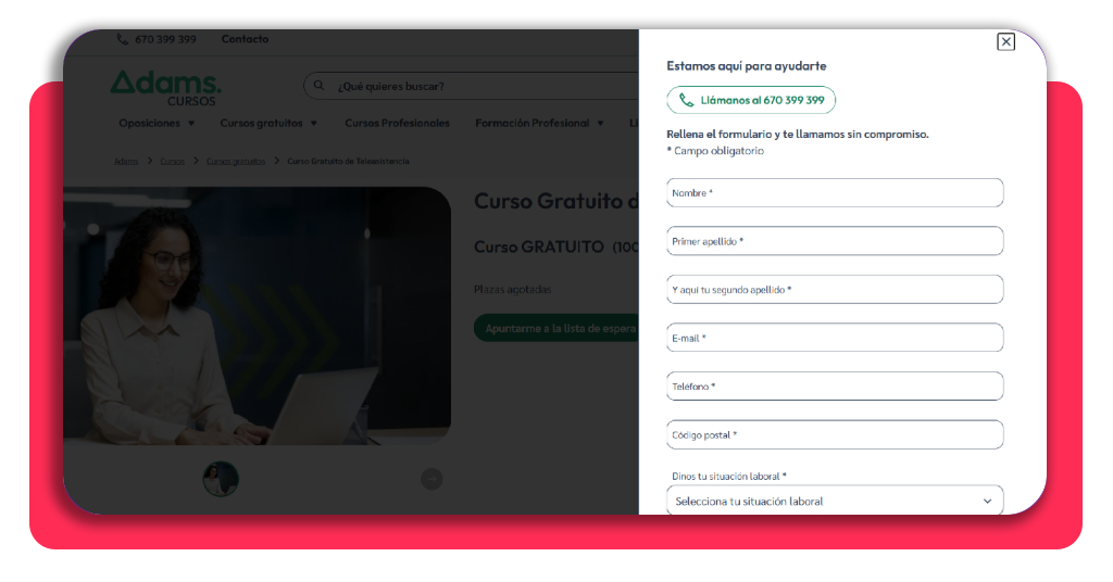 Formulario de matrícula del curso de operador de teleasistencia