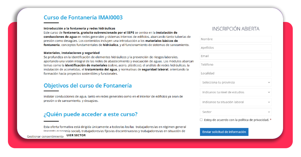 Paso 5 curso de fontanero SEPE - solicita información