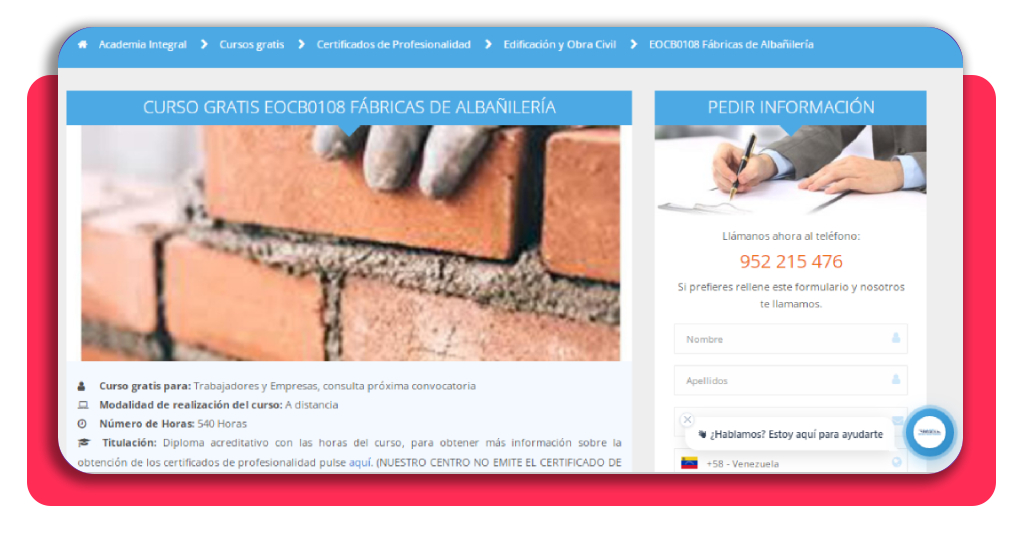 Selección del curso gratuito de albañilería en el catálogo de Academia Integral