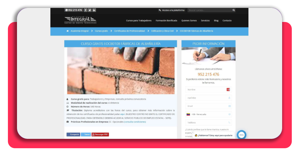 La construcción necesita gente para trabajar: fórmate online YA 1 Página del curso EOCB0108 Fábricas de Albañilería en Academia Integral