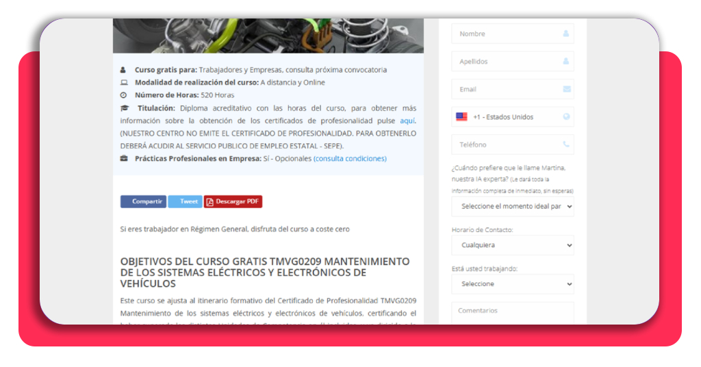 Paso 2 para completar el formulario de contacto del curso de electromecánica