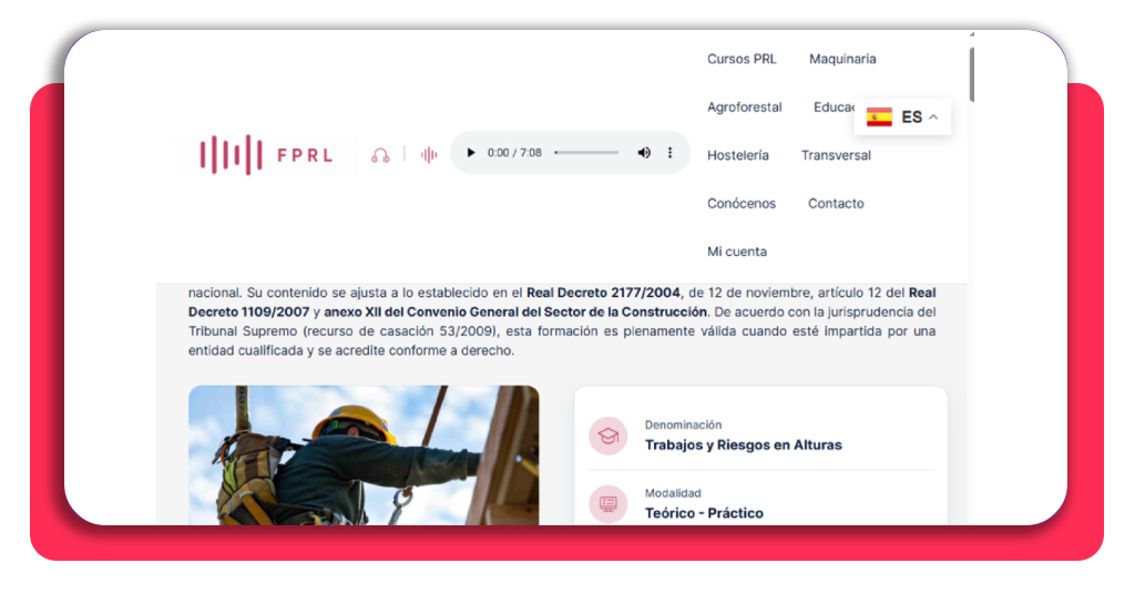 Página oficial de la Fundación PRL con el curso de trabajos en altura