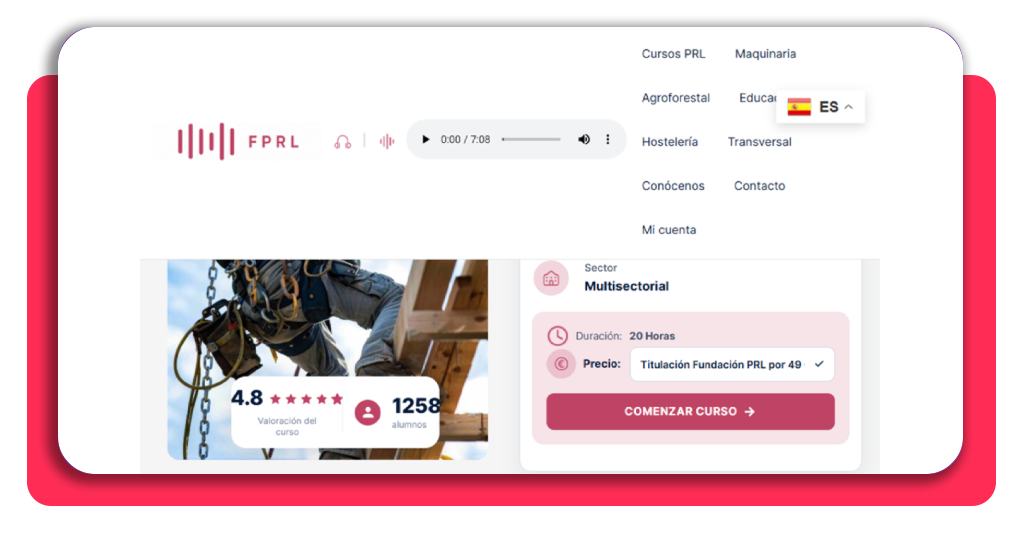 Pantalla del programa del curso de trabajos en altura con botón Comenzar curso