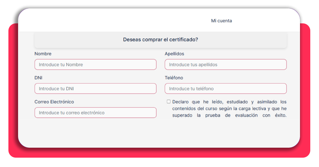 Formulario de inscripción con datos personales para el curso de trabajos verticales